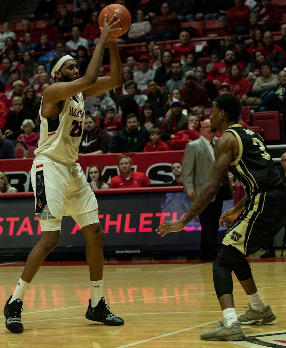 <p>Redshirt Junior forward Tahjai Teague looks to pass the ball to a teammate Feb. 9, 2019, at John E. Worthen Arena. Ball State had 27 points on the board after the first half. <strong>Rebecca Slezak,DN</strong></p>