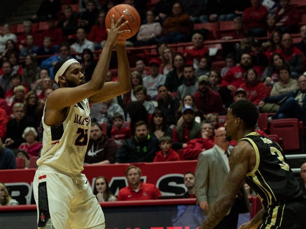 Redshirt Junior forward Tahjai Teague looks to pass the ball to a teammate Feb. 9, 2019, at John E. Worthen Arena. Ball State had 27 points on the board after the first half. Rebecca Slezak,DN