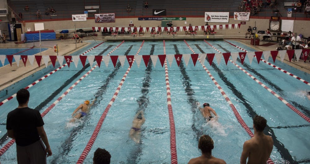 Ball State mens swimming and diving held their Red White practice meet on Oct 14th. They will open up their season with their first official meet on Nov. 11 against Tiffin. Harrison Raft, DN File