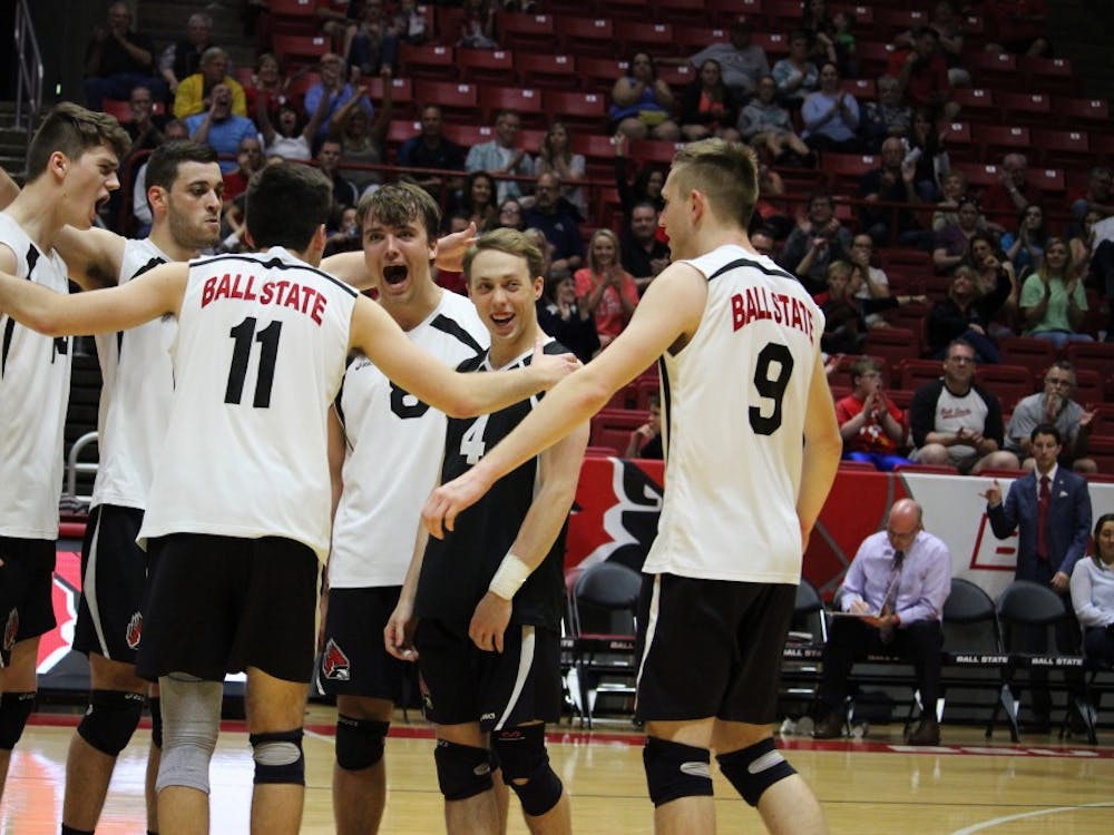 Ball State men’s volleyball wins the match against Loyola-Chicago, 3-1, in the Midwestern Intercollegiate Volleyball Association Quarterfinals on April 15 in John E. Worthen Arena. Ball State advances to the MIVA Tournament Semifinals, which will be played on April 19. Alicia M. Barnachea // DN