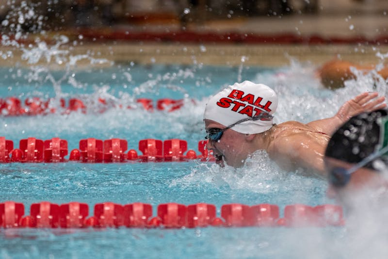 Ball State Freshman, Shelby Crist competes in the Women's 100-meter butterfly Nov. 2, 2019, at Lewellen Aquatic Center. She went on to place 3rd in the event. Paul Kihn, DN