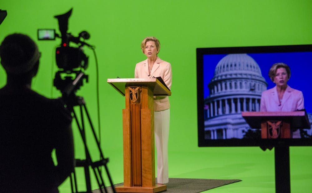 Congressmen Luke Messer along with University President Jo Ann Gora discusses the Indiana Leadership Academy at a press conference Friday morning in Ball State