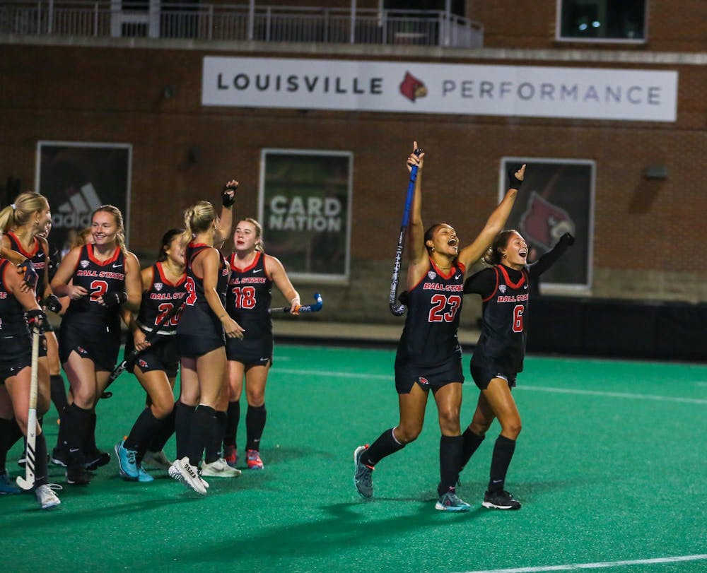 Nadia Briddell (23) raises her arms in celebration after Ball State field hockey defeated Bellarmine 2-1 Friday, Nov. 1 in Louisville, Kentucky. Kyle Smedley, DN