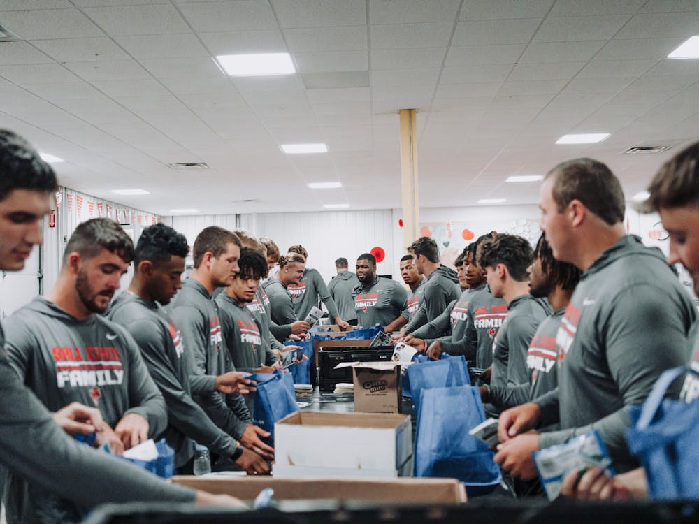  Ball State football puts food into bags Aug. 3 at Second Helpings in Indianapolis. Ball State Athletics, photo provided