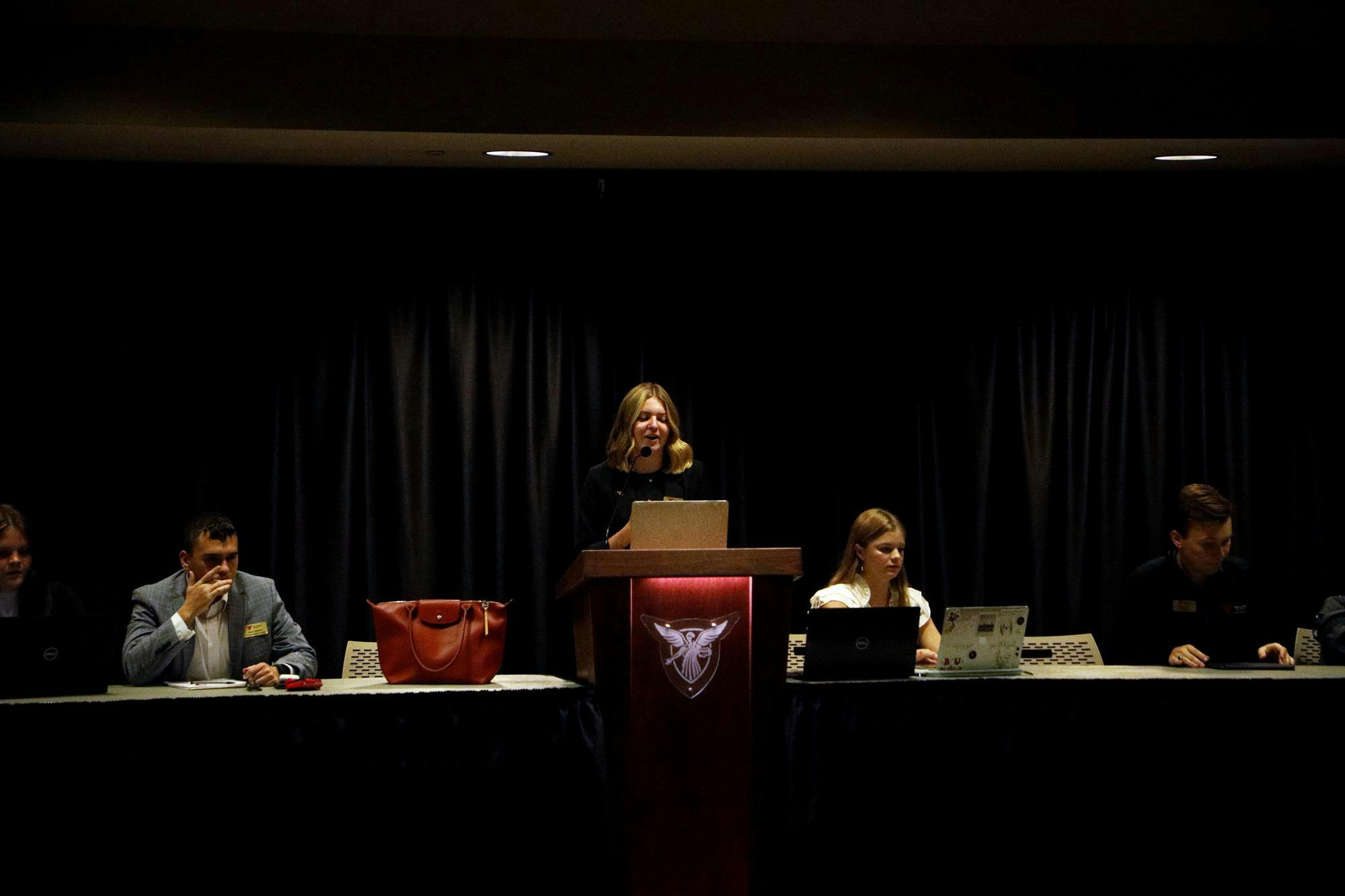 Vice President Monet Lindstrand gives her executive report Oct. 11 in the L.A. Pittenger Student Center Cardinal Hall B. She thanked the senate for approving the budget reallocation. Madelyn Bracken, DN.