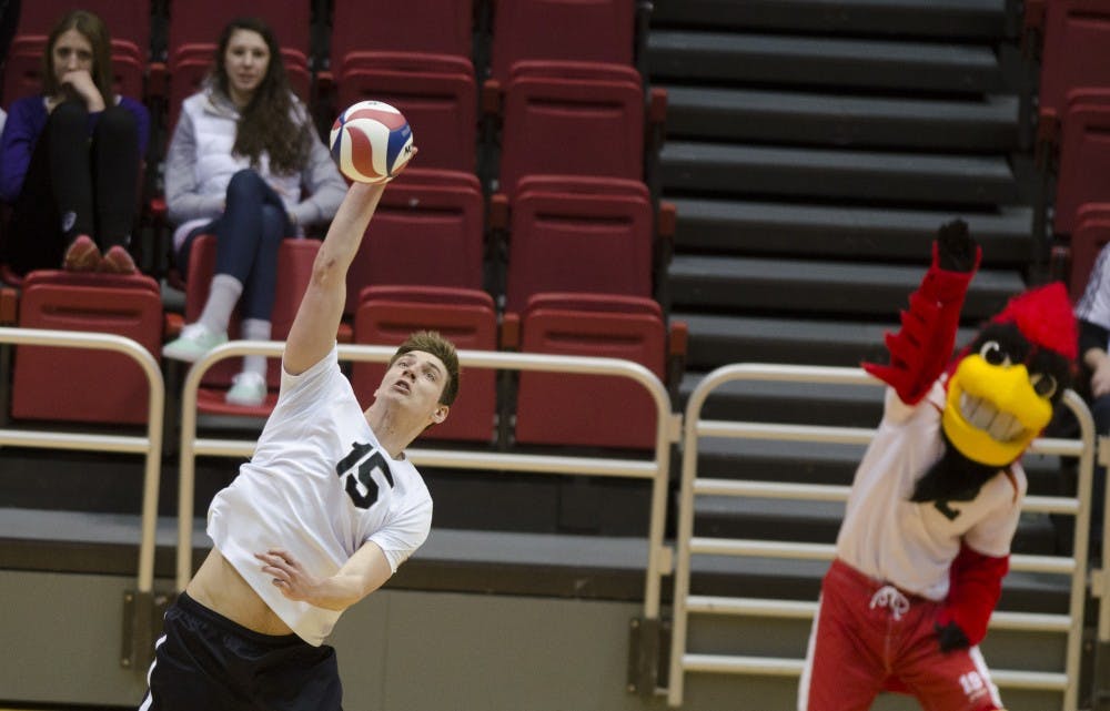 Sophomore outside attacker Marcin Niemczeski serves the ball during the second set against Mount Olive on March 1 at Worthen Arena. DN PHOTO BREANNA DAUGHERTY 