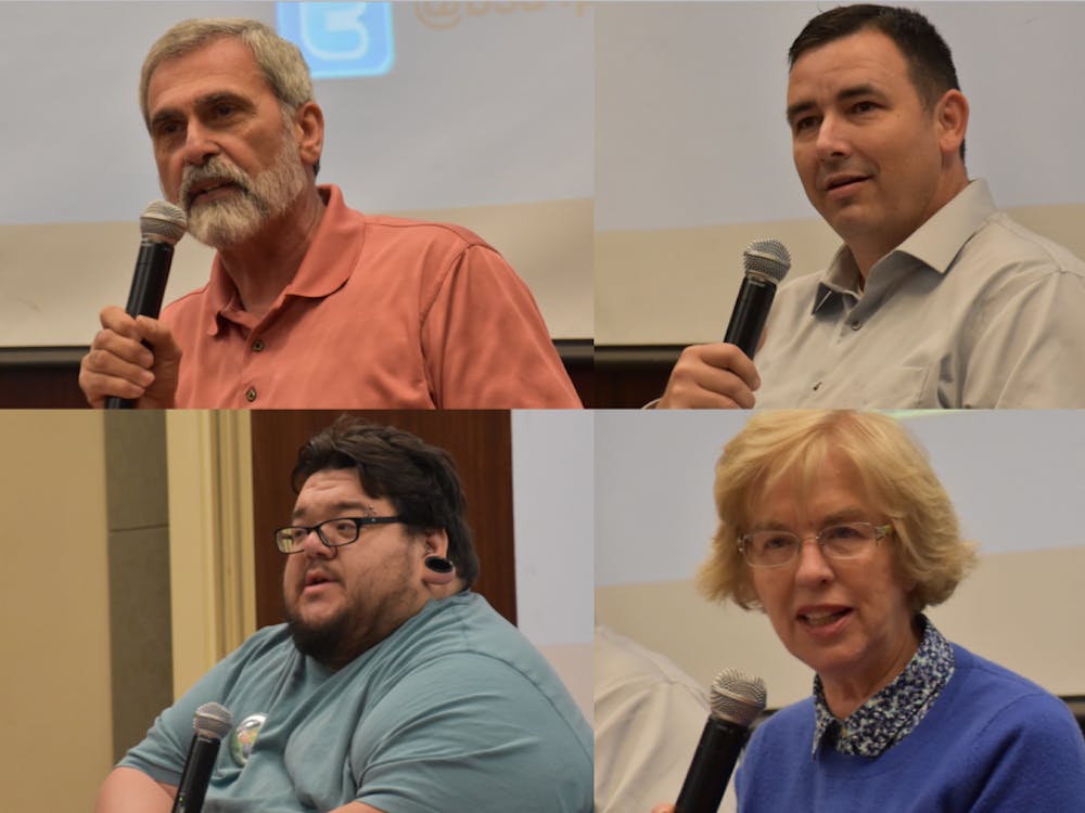 Top row left to right: Will Statom, chairman of the Delaware county Republican Party, and Rich Turvey, the libertarian candidate for U.S. congress.&nbsp;Bottom row left to right: Anthony Amstutz, coordinator for Delaware County’s Green Party, and Sue Errington, a democratic member of Indiana’s House of Representatives.&nbsp;The Center for Peace and Conflict Studies invited representatives from different political parties to participate in the panel&nbsp;Justice 2016: Parties, Platforms, and Presidential Candidates. Patrick Calvert // DN&nbsp;