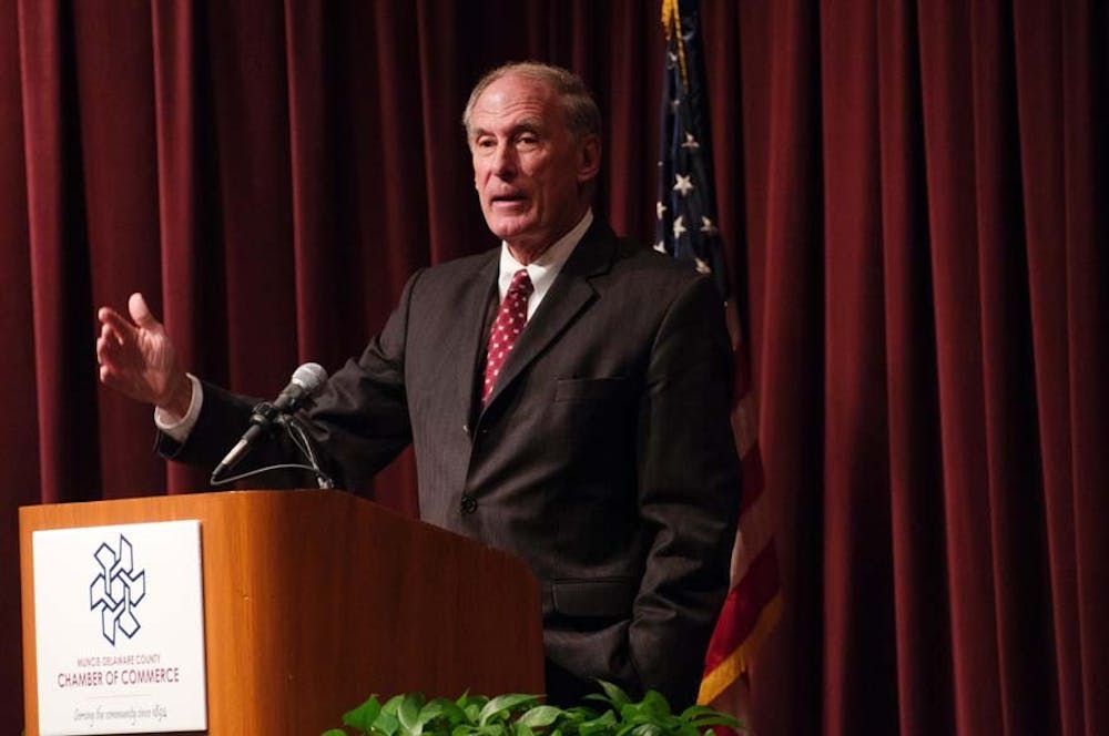 Indiana Sen. Dan Coats speaks to audience members at a breakfast hosted by the Muncie Chamber of Commerce at the Horizon Center. Coats discussed the upcoming fiscal “cliff” facing the United States. DN PHOTO BOBBY ELLIS