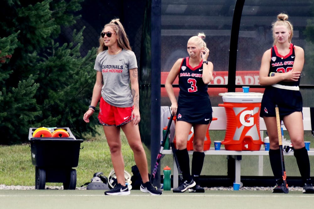 Ball State Field Hockey Head Coach Cailtin Walsh coaches the team from the sidelines in a game against Lehigh Sept. 3 at Briner Sports Complex. Amber Pietz, DN