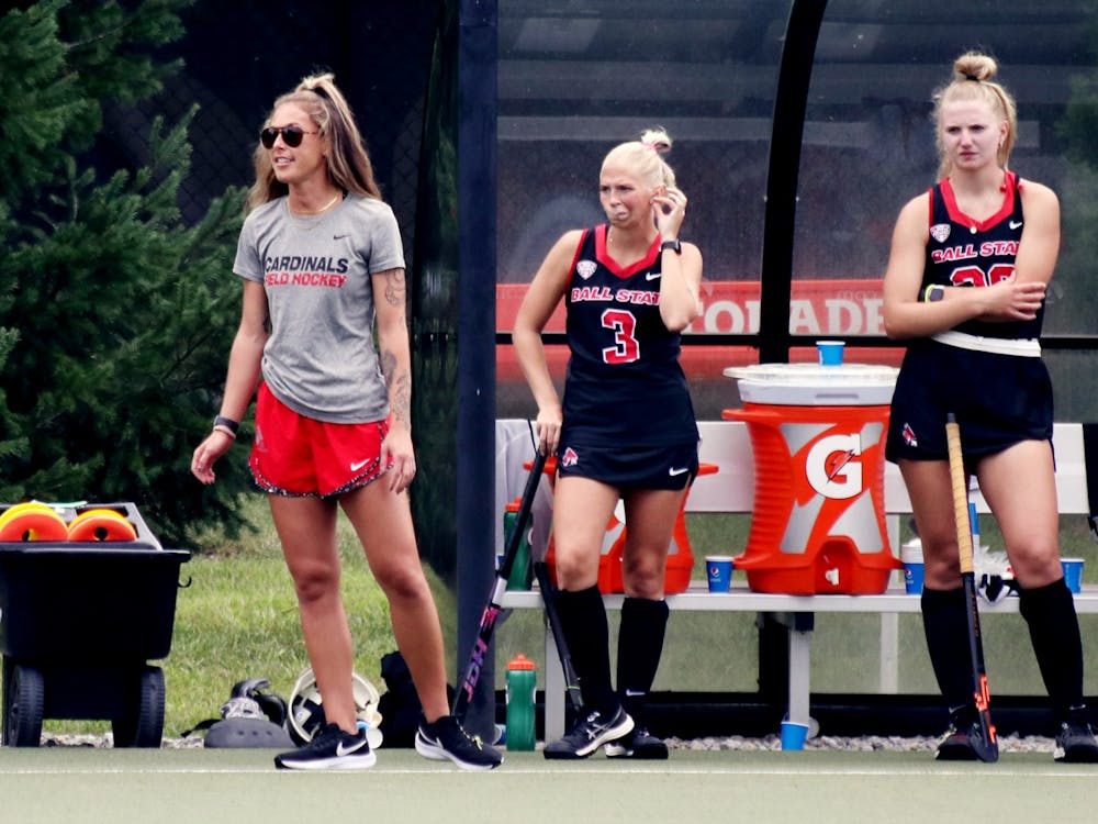 Ball State Field Hockey Head Coach Cailtin Walsh coaches the team from the sidelines in a game against Lehigh Sept. 3 at Briner Sports Complex. Amber Pietz, DN