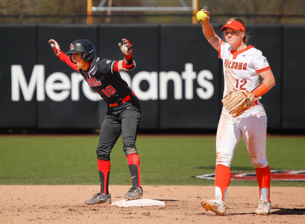 <p>Graduate student utility Jazmyne Armendari celebrates towards the dugout after hitting a run to second against Bowling Green April 13 at First Merchants Ballpark Complex. Armendari had two RBIs in the game. Andrew Berger, DN</p>