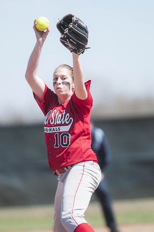 Freshman Kelsey Schifferdecker pitches the ball against Western Michigan on April 7. Schifferdecker pitched the first half of the game. DN PHOTO JONATHAN MIKSANEK