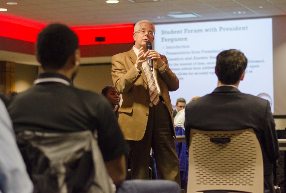 Ball State President Paul W. Ferguson spoke with more than 150 people at the Student Government Association’s open forum Wednesday. Ferguson answered questions about diversity, social media, racial sensitivity and the LGBTQ community. DN PHOTO BREANNA DAUGHERTY