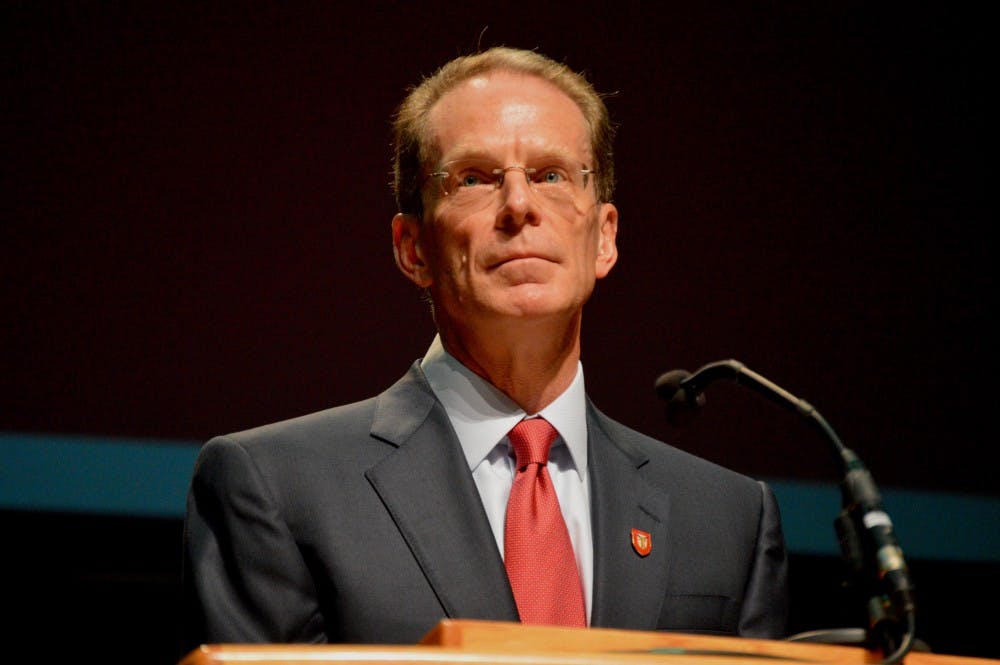 President Geoffrey S. Mearns speaks to Ball State faculty and staff at the Fall Faculty Convocation Aug. 18, 2017. Mearns talked about enrollment numbers, the strategic plan and the future of the institution. Allie Kirkman, DN&nbsp;