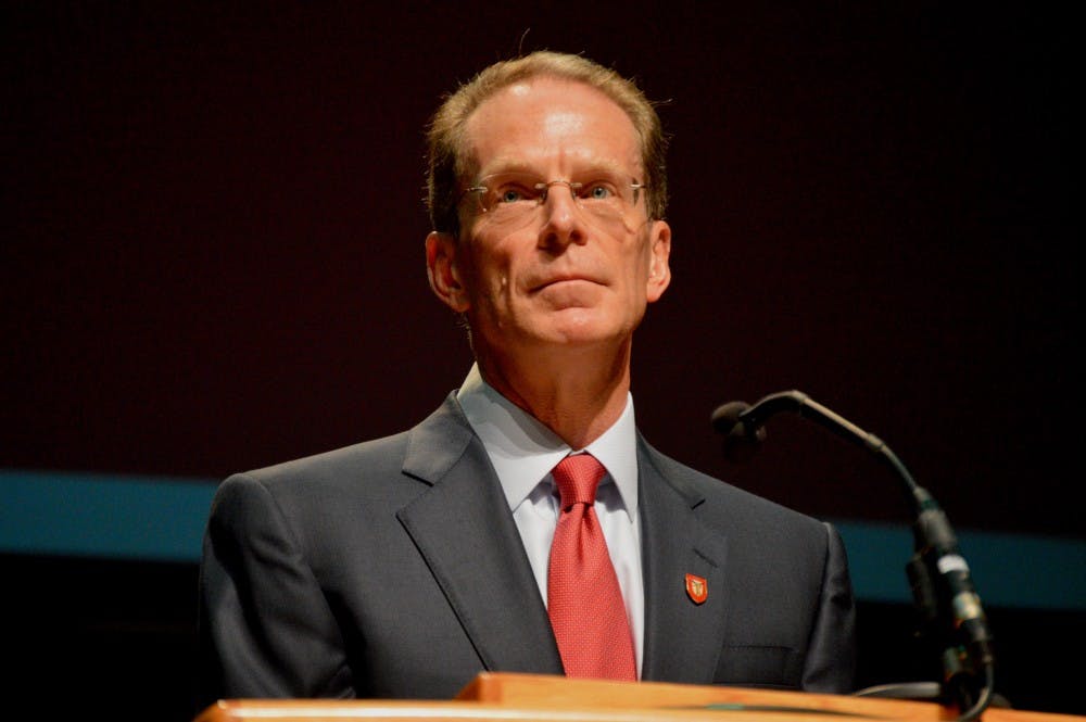 <p>President Geoffrey S. Mearns speaks to Ball State faculty and staff at the Fall Faculty Convocation Aug. 18, 2017. Mearns talked about enrollment numbers, the strategic plan and the future of the institution. <strong>Allie Kirkman, DN&nbsp;</strong></p>