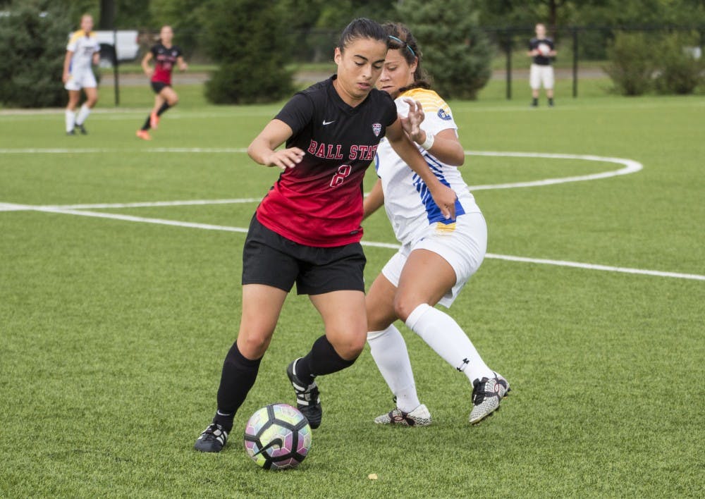 Paula Guerrero, a midfielder for the Ball State soccer team, moves the ball downfield during the game against Morehead State on Sept. 16 at the Briner Sports Complex. Ball State won 4-0. Grace Ramey // DN