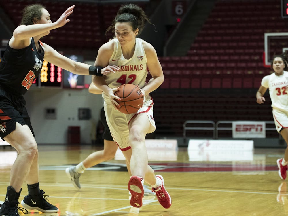 Ball State Cardinals sophomore forward Annie Rauch drives to the basket during the second quarter in a game against the Bowling Green Falcons Jan. 2, 2020, at John E. Worthen Arena. The Cardinals lost to the Falcons 89-55. Jacob Musselman, DN