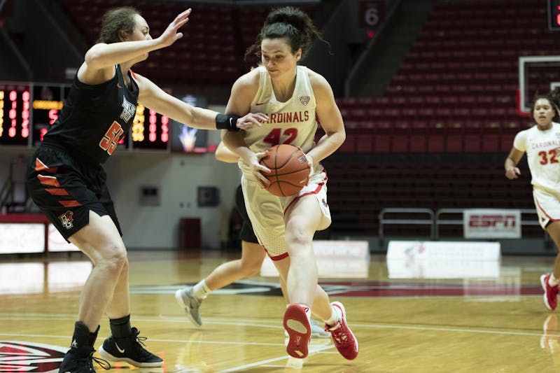 Ball State Cardinals sophomore forward Annie Rauch drives to the basket during the second quarter in a game against the Bowling Green Falcons Jan. 2, 2020, at John E. Worthen Arena. The Cardinals lost to the Falcons 89-55. Jacob Musselman, DN