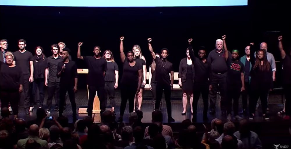 <p>The Ethnic Theater Alliance performed "Glory" from the movie "Selma" during Friday's opening convocation. The group was joined on stage by faculty, students and alumni. <strong>Provided by Ball State University</strong></p>