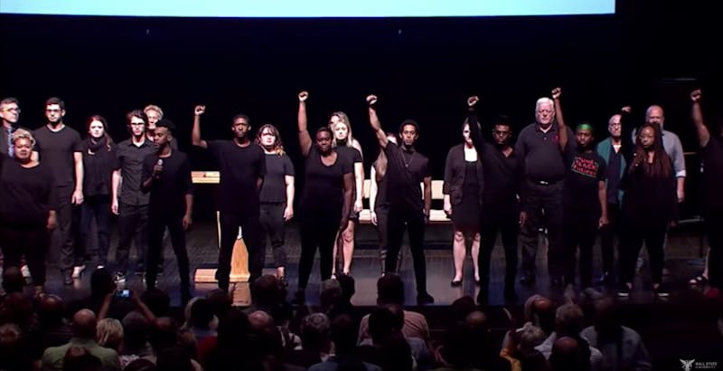 The Ethnic Theater Alliance performed "Glory" from the movie "Selma" during Friday's opening convocation. The group was joined on stage by faculty, students and alumni. Provided by Ball State University