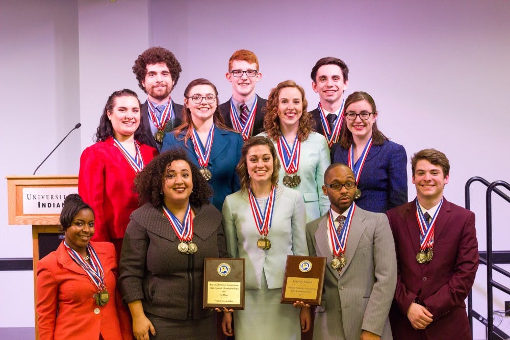 Ball State's speech team won the Quality Award and&nbsp;first place in 17 of the 20 categories&nbsp;at the Indiana Forensics Association state tournament at the University of Indianapolis on Feb. 18. The team has won the competition for the past nine years.&nbsp;Michael Storr // Photo Provided