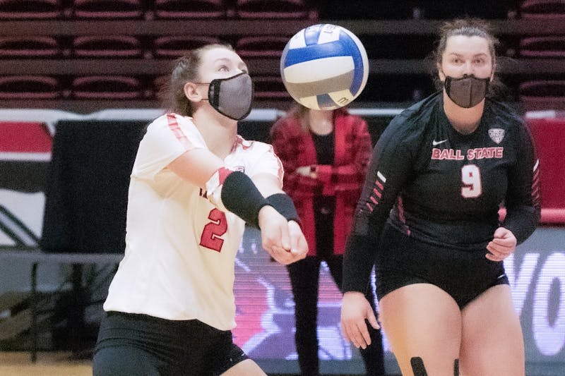 Freshman defensive specialist Kate Vinson passes the ball Feb. 12, 2021, in John E. Worthen Arena. The Cardinals lost to the Falcons 0-3. Madelyn Guinn, DN