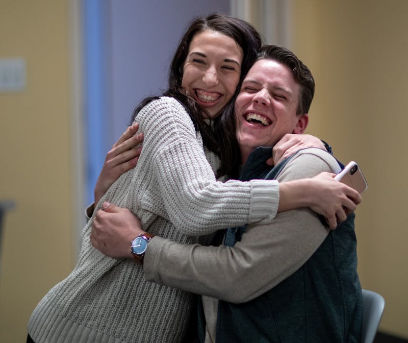 Kyleigh Cramerm, bold campaign manager and Connor Sanburn, newly elected SGA president Feb. 25, 2020, in the Ball Communications building. Bold won the election against Alliance with 53.1 percent of the vote. Jacob Musselman, DN