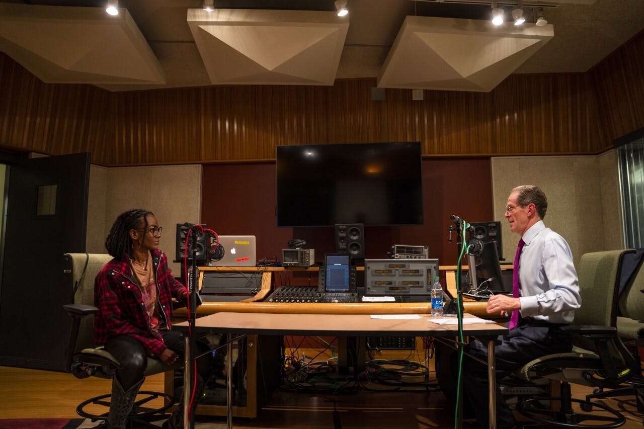 Ball State President Geoffrey Mearns and Grammy and Academy Award Winner Tiara Thomas record 
an episode of "Our Call to Beneficence" while Thomas was visiting Ball State. Thomas is a 2012 Ball State 
graduate. Logan Wood, Photo Provided
