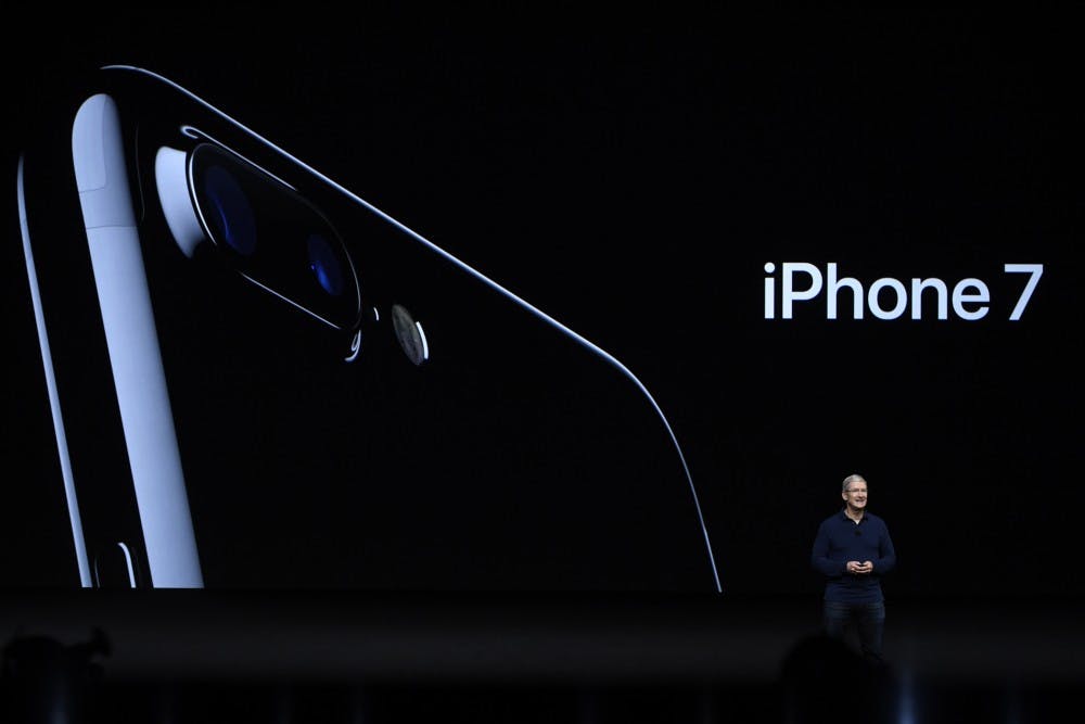 Apple CEO TIM COOK  discusses the iPhone 7 during an Apple media event on September 7, 2016 in San Francisco, Calif.  (Xinhua/Zuma Press/TNS)