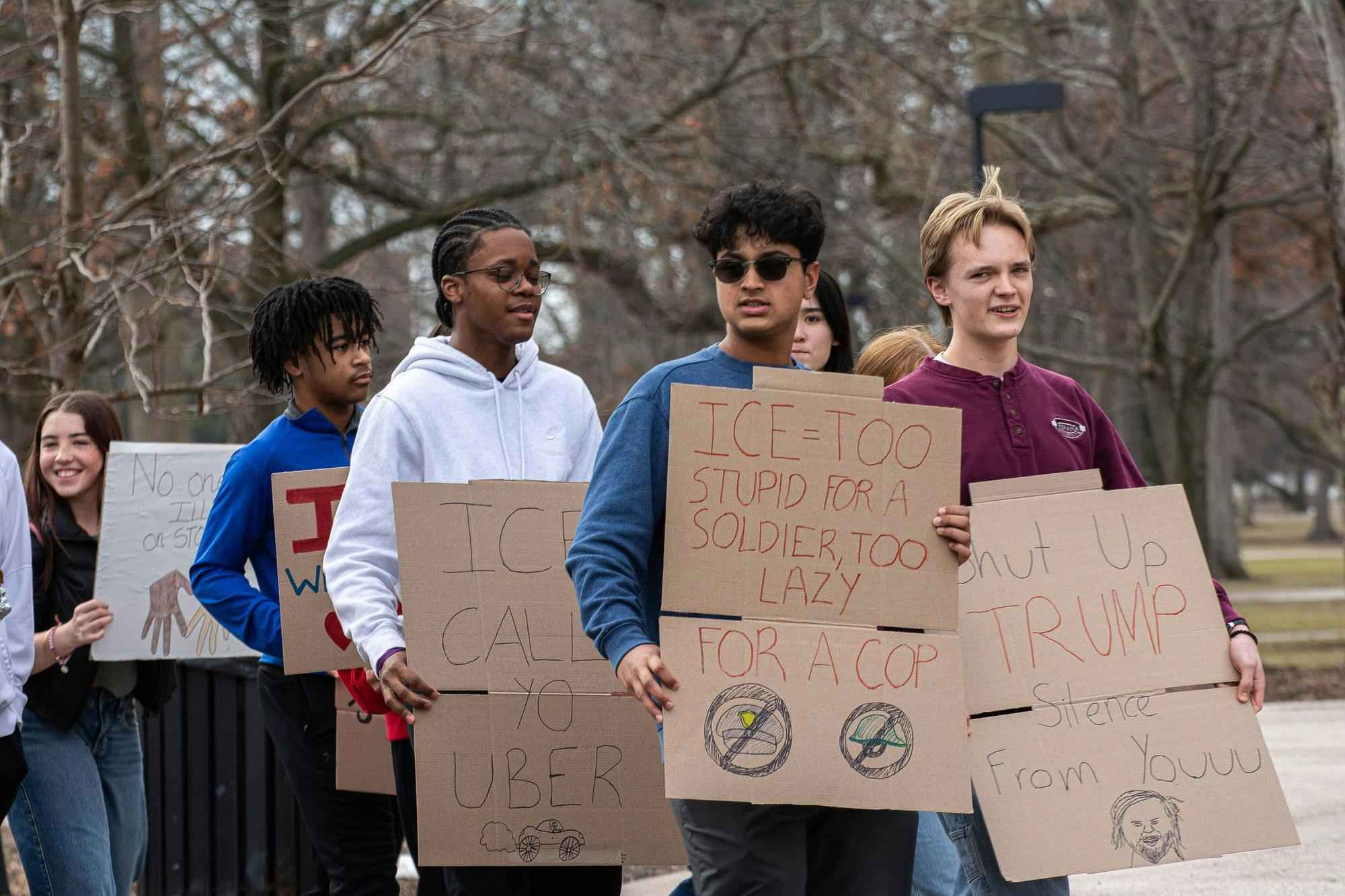 A group of Muncie Burris boys lead the line of protesters towards Scramble Light. Feb. 17 Ball State University. Aiden Murray, NLI.