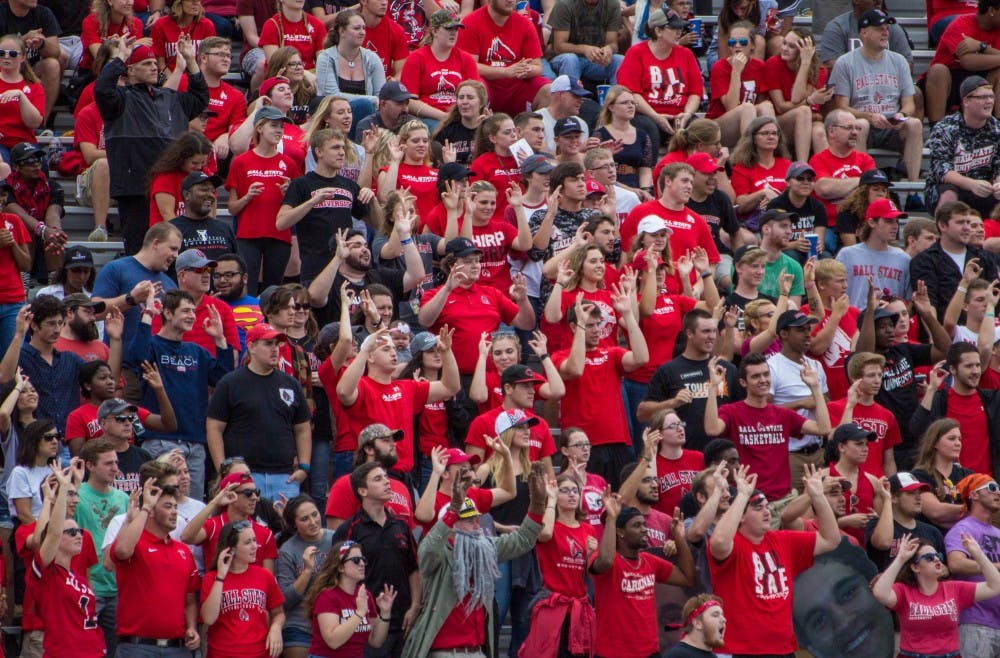 Audience members of all ages cheer on the Ball State Cardinals during the home opener game against Eastern Kentucky on Sept. 17 in Scheumann Stadium for Family Weekend. Ball State won 41-14. Grace Ramey // DN