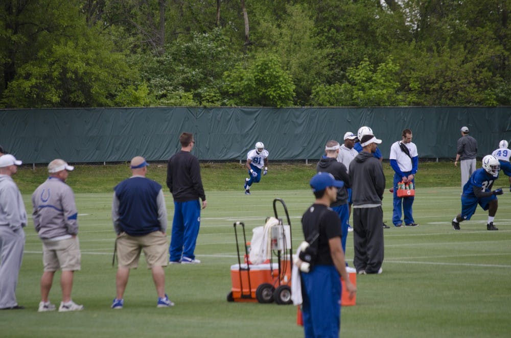 Colts linebacker Jonathan Newsome practices during rookie camp at the Colts Complex on May 17. Newsome, a former Cardinal, has a chance of receiving more practice reps with the suspension of Robert Mathis. DN PHOTO BREANNA DAUGHERTY