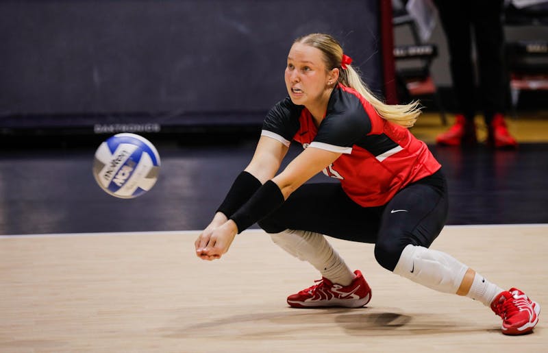 Senior setter Megan Wielonski settles a spike against Wright State Sept. 20 at Worthen Arena. Wielonski had 50 assists for the Cardinals. Andrew Berger. 