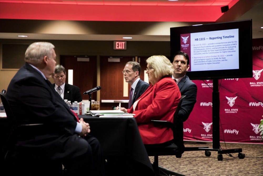 <p>Ball State University President Geoffrey Mearns gives a presentation regarding his proposal to help Muncie Community Schools Wednesday, May 16, in the L.A Pittinger Student Center. Tuesday, Gov. Eric Holcomb signed House Bill 1315 into effect. <strong>Rachel Ellis, DN &nbsp;</strong></p>