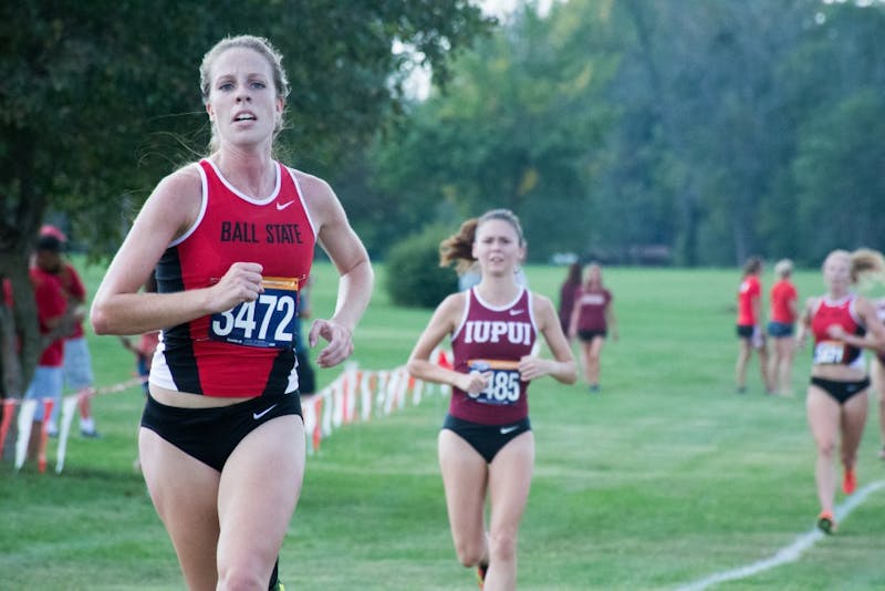 Freshman Peyton Kneadler runs toward the finish line at the cross country meet against IUPUI on Sept. 23, 2016 at the Muncie Elks Country Club. &nbsp;Ball State won against IUPUI 16-46. Kaiti Sullivan, DN