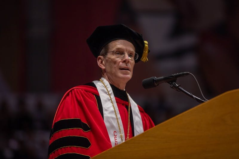 Ball State President Geoffrey Mearns speaks during the spring 2019 commencement May 4, 2019 in the John E. Worthen Arena. Ball State celebrated its centennial this year. Scott Fleener, DN