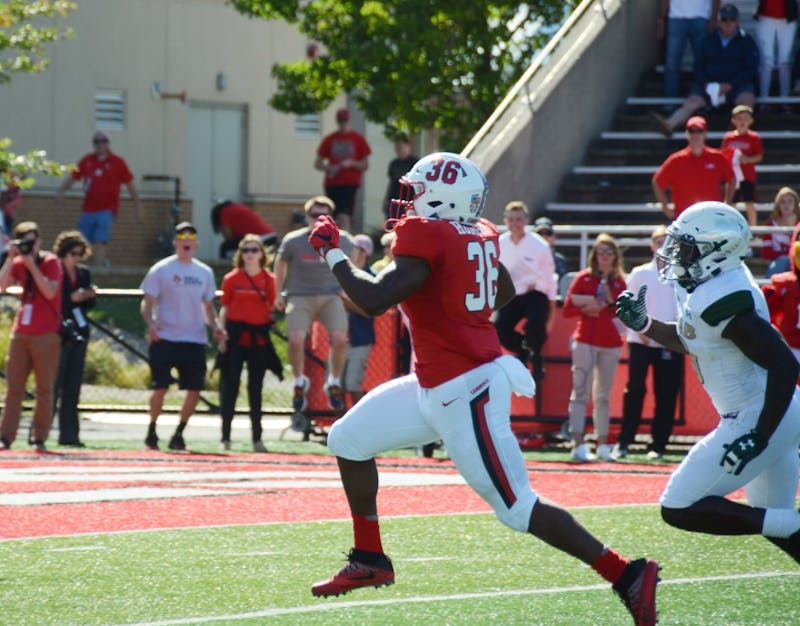 Freshman running back Caleb Huntley breaks off a 52-yard touchdown run during the Cardinals’ game against UAB at Scheumann Stadium on Sept 9. Huntley had 89 yards and a touchdown on 10 carries. Chase Akins, DN File