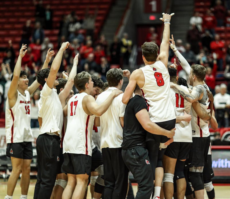 The Ball State men's volleyball team celebrates after winning the game against Loyola Chicago on April 6 at Worthen Arena. Ball State won 3-0. Katelyn Howell, DN.
