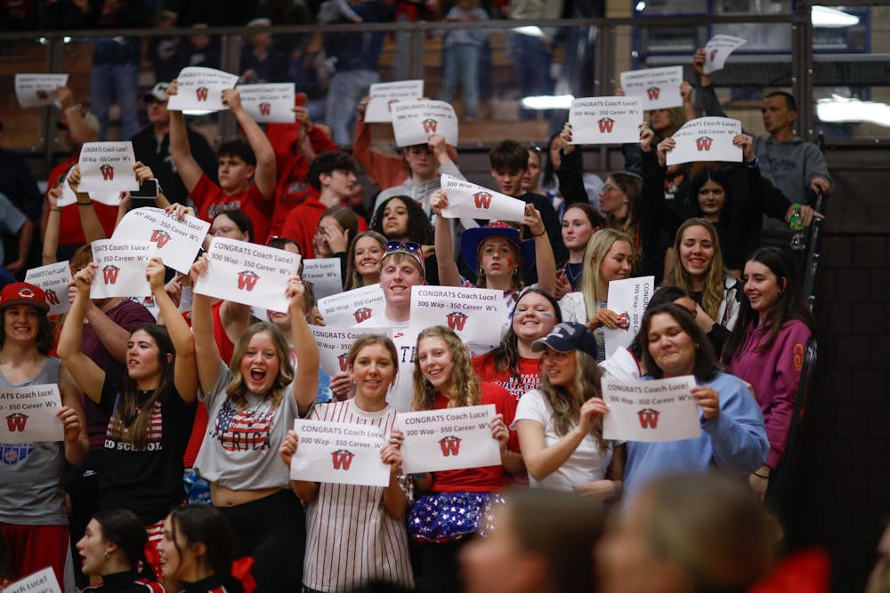 Wapahani Student section holds up signs in honor of head coach Mike Luce against Monroe Central Feb. 9 at Monroe Central High School. Wapahani won over Monroe 69-53. Andrew Berger, DN