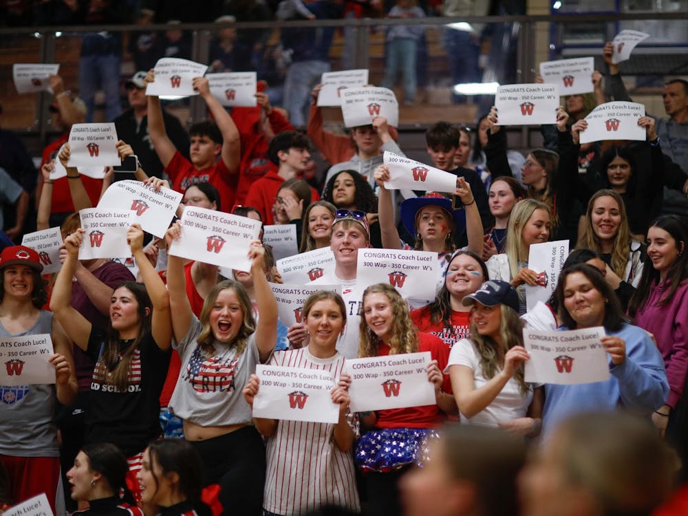 Wapahani Student section holds up signs in honor of head coach Mike Luce against Monroe Central Feb. 9 at Monroe Central High School. Wapahani won over Monroe 69-53. Andrew Berger, DN