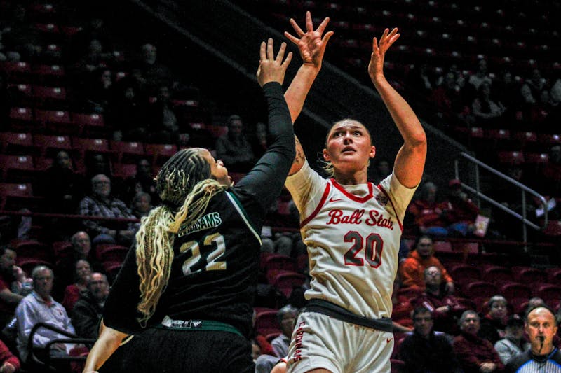 Senior Alex Richard shoots the ball against Eastern Michigan Jan. 8 at Worthen Arena. Richard had 10 rebounds in the game. Jayce Blane, DN