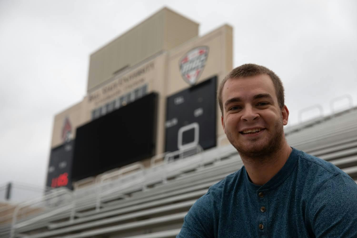 Zach Piatt smiles for a portrait Sept. 23, 2020, at Scheumann Stadium. Piatt has covered 26 Ball State Football games as a student. Jacob Musselman, DN