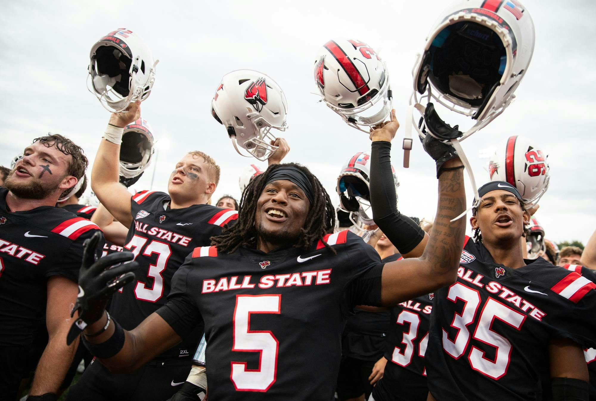 The Ball State football team celebrates their first win of the 2025 season over New Hampshire University Sept. 13 at Scheumann Stadium. Ball State won 34-29. Andrew Berger, DN 