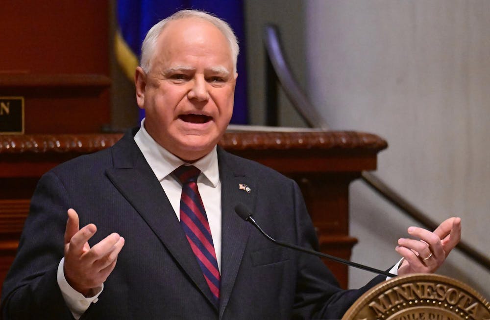 Minnesota Governor Tim Walz during the State of the State address in the house chambers at state capitol building in St. Paul on Wednesday, April 19, 2023. (John Autey / Pioneer Press)