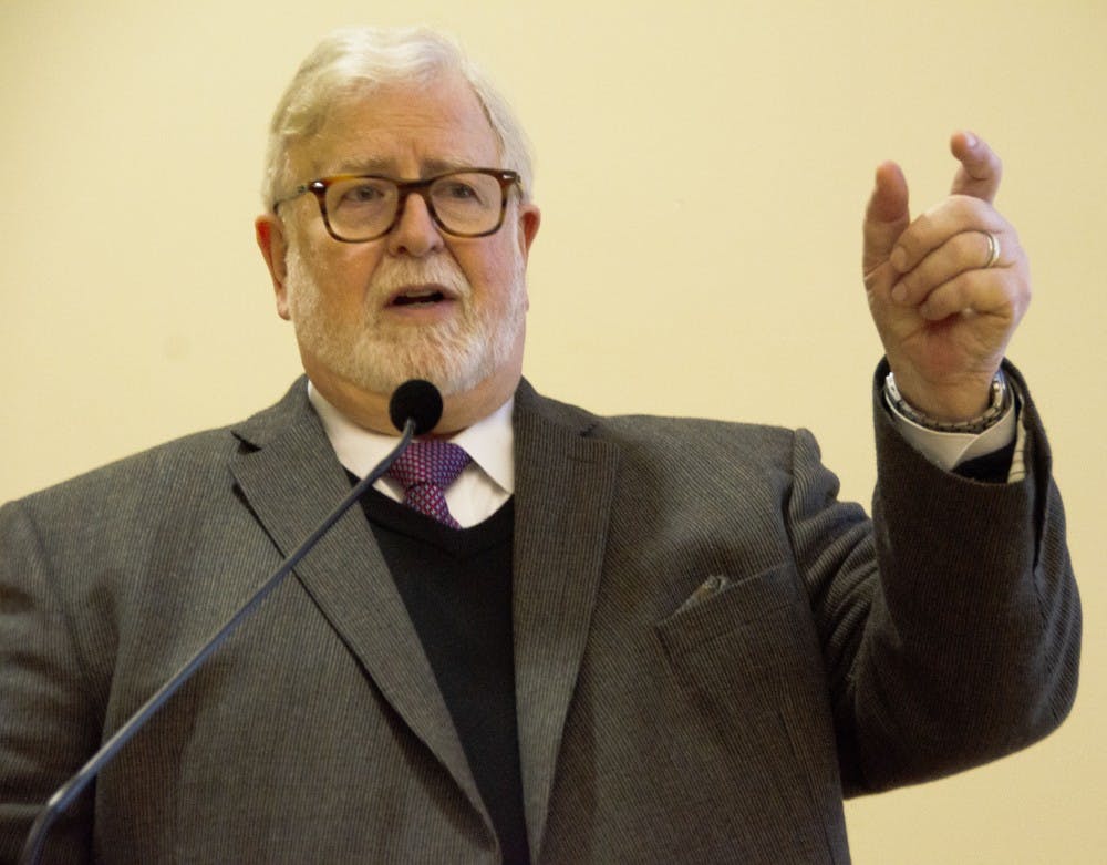 Ball State alumnus Gene Policinski answers audience members' questions about the First Amendment Jan. 23, 2019, in the Student Center Ballroom. Policinski is the presidnet of the Freedom Forum Institute. Scott Fleener, DN