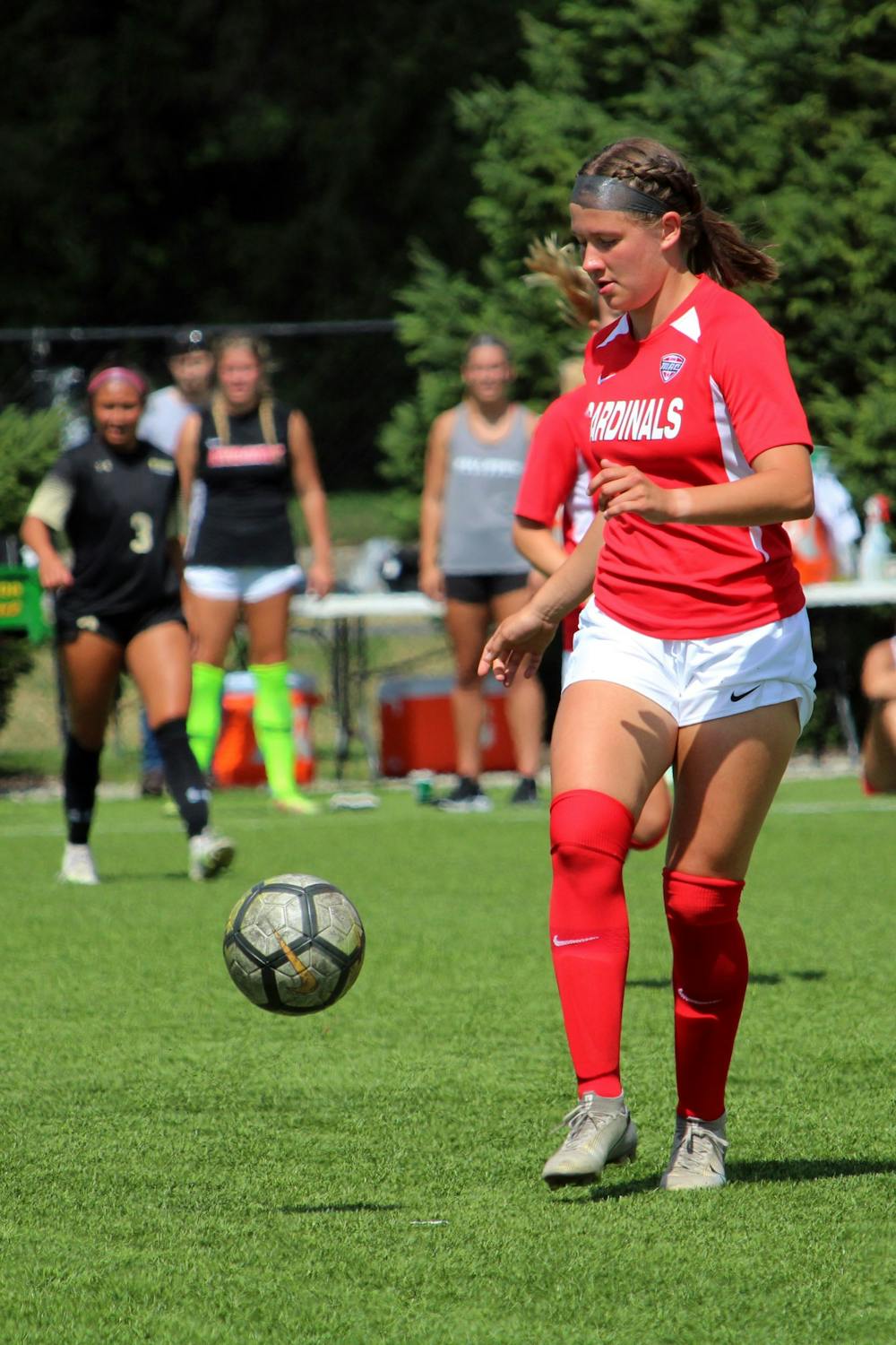 A player for Ball State Soccer goes for the ball in a game against Purdue Fort Wayne, Sunday, Sept. 5, 2021. DN, Amber Pietz