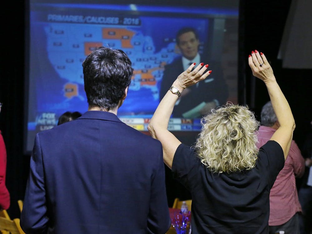 Debbie Dooley, with the Atlanta Tea Party, reacts as the numbers come in for Donald Trump during a watch party at the Corey Center in Atlanta on Tuesday, March 1, 2016. (Curtis Compton/Atlanta Journal-Constitution/TNS)