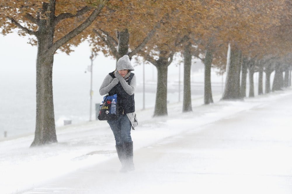<p>A woman walking the half mile from Chicago's Adler Planetarium to the Chicago Aquarium braces herself in the stiff wind and blowing snow off Lake Michigan, Monday, Nov. 11, 2019, in Chicago. <strong>(AP Photo/Charles Rex Arbogast)</strong></p>