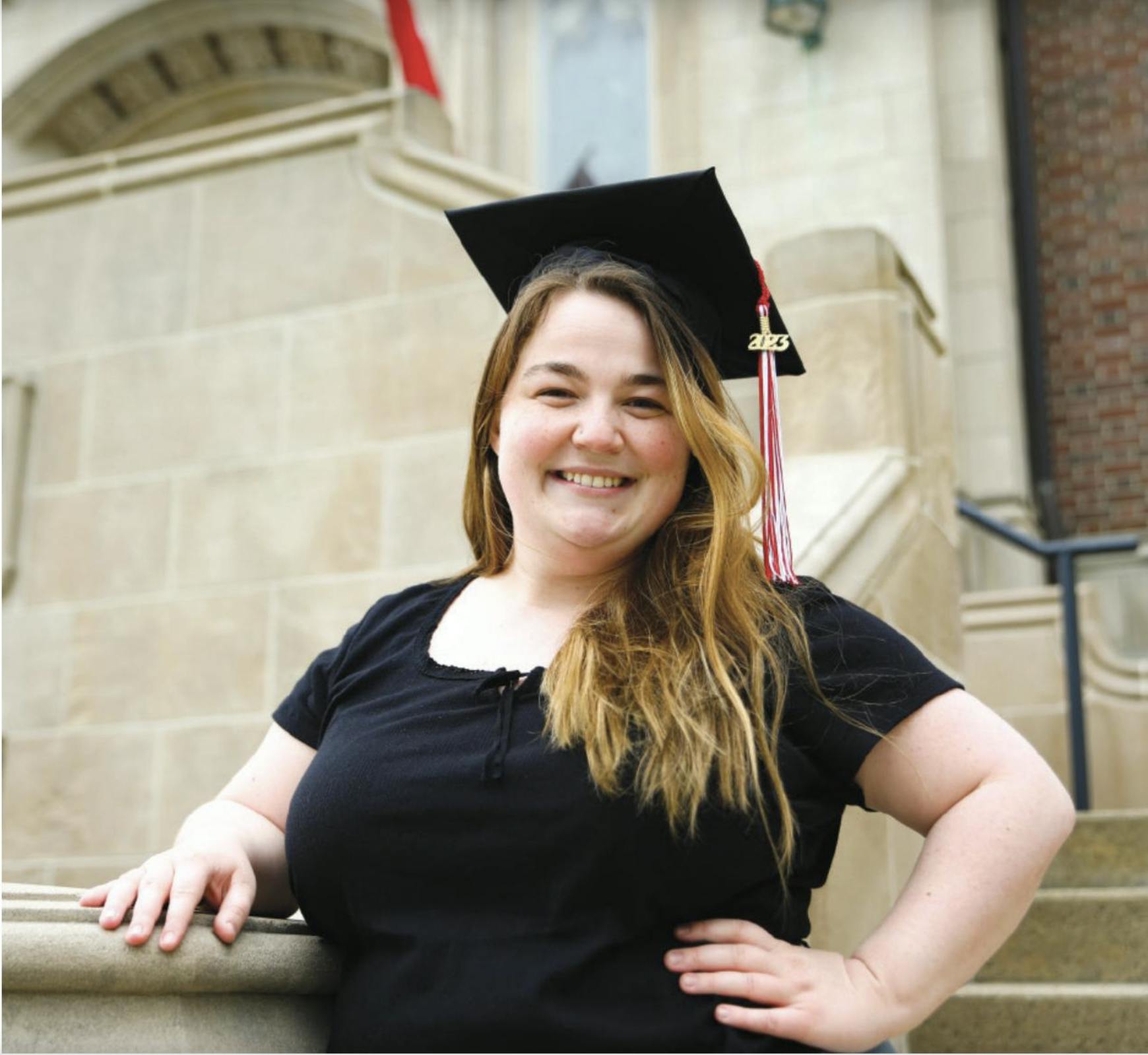 Fourth-year journalism major and Ball State Daily News editor-in-chief Elissa Maudlin poses for a photo in front of the David Owsley Museum of Art April 22. Jacy Bradley, DN