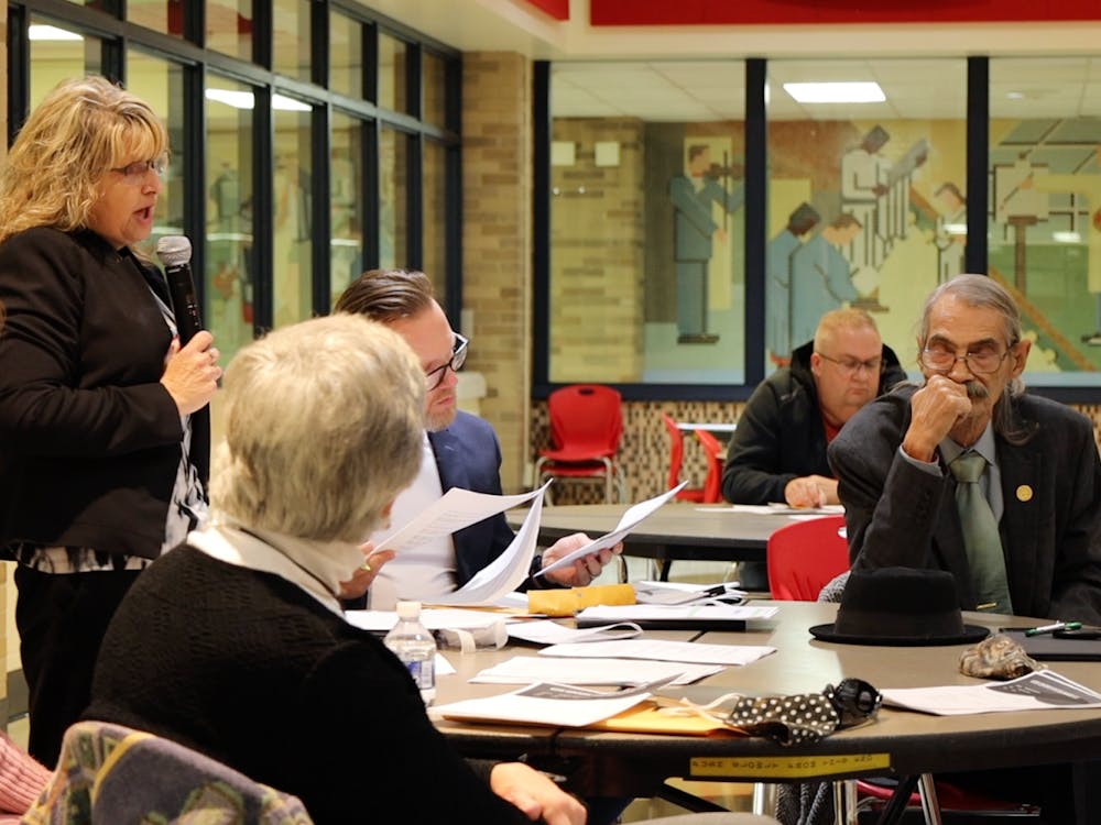 Lesia Meer speaks at a public forum about vote centers in Delaware County on Nov. 4, 2021, at Southside Middle School. 